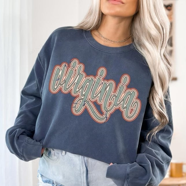 Virginia Boho Scroll Stacked Distressed Crewneck