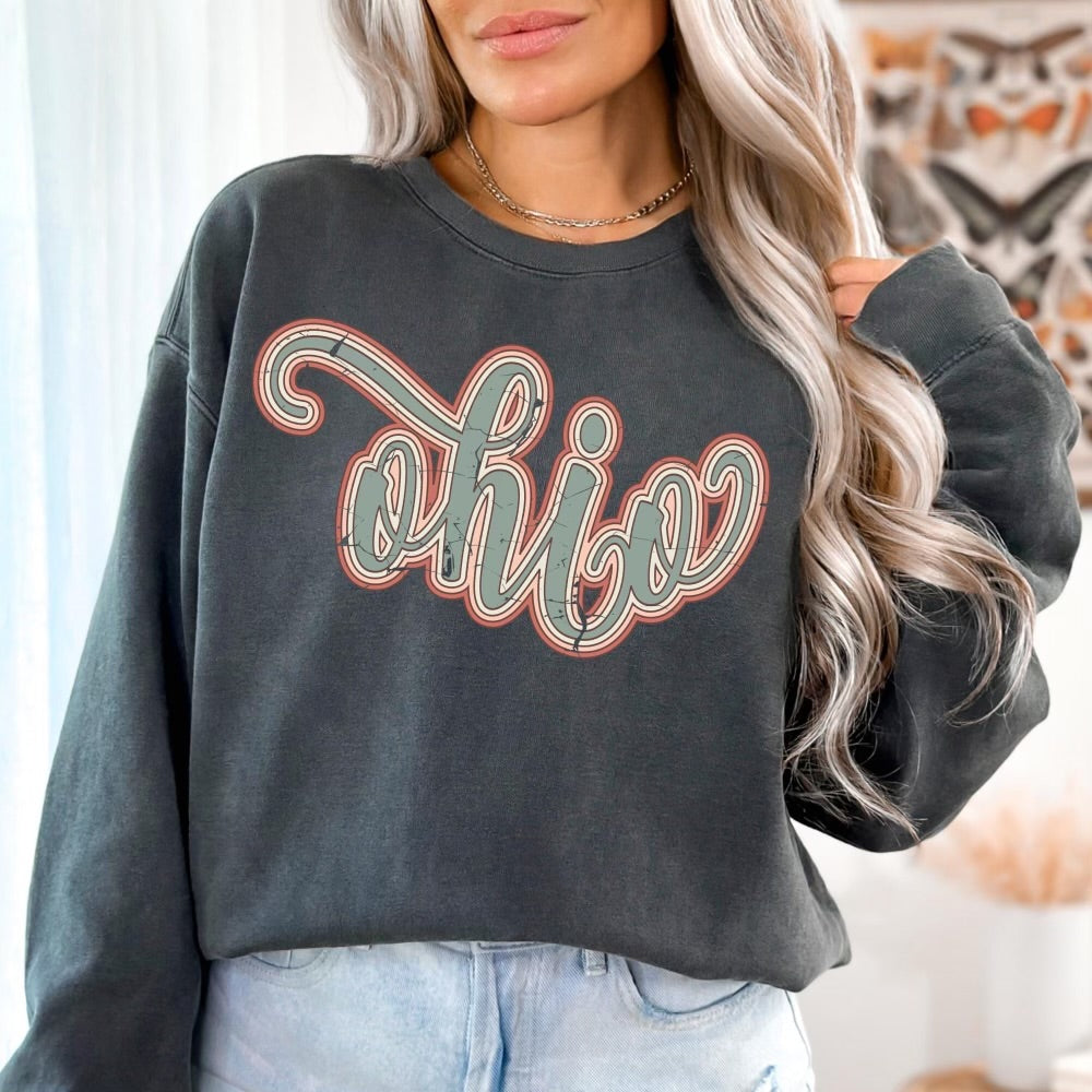 Ohio Boho Scroll Stacked Distressed Crewneck