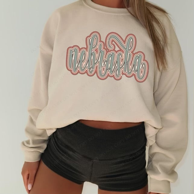 Nebraska Boho Scroll Stacked Distressed Crewneck
