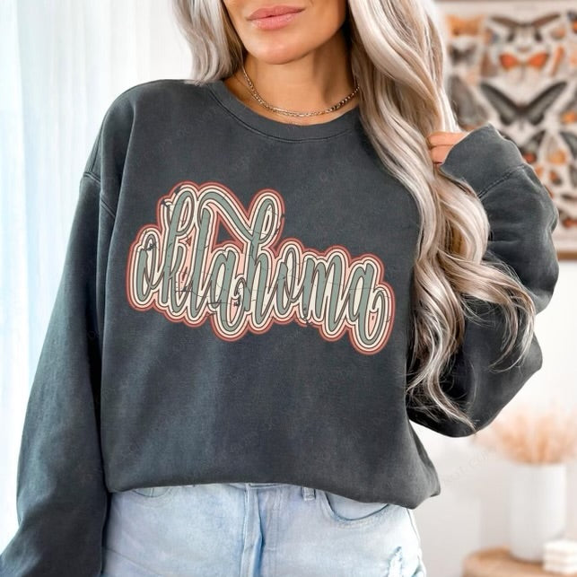 Oklahoma Boho Scroll Stacked Distressed Crewneck
